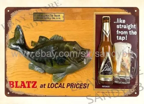 Blatz Beer Smallmouth Bass brewery man cave dinning metal tin sign artwork store