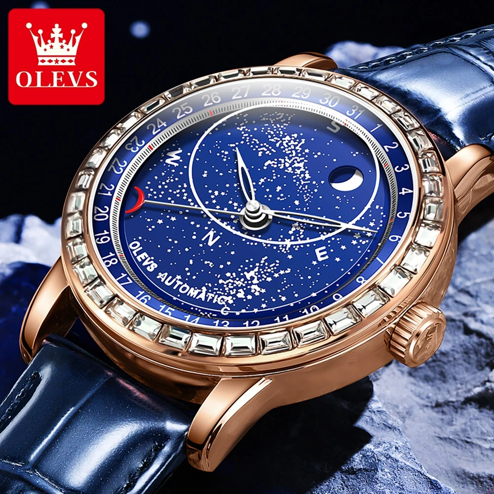 OLEVS 9923 Automatic Watch Luxury Starry Sky Rotation Seconds Mechanical Wristwatch Compass Moon Phase Waterproof Watch for Men