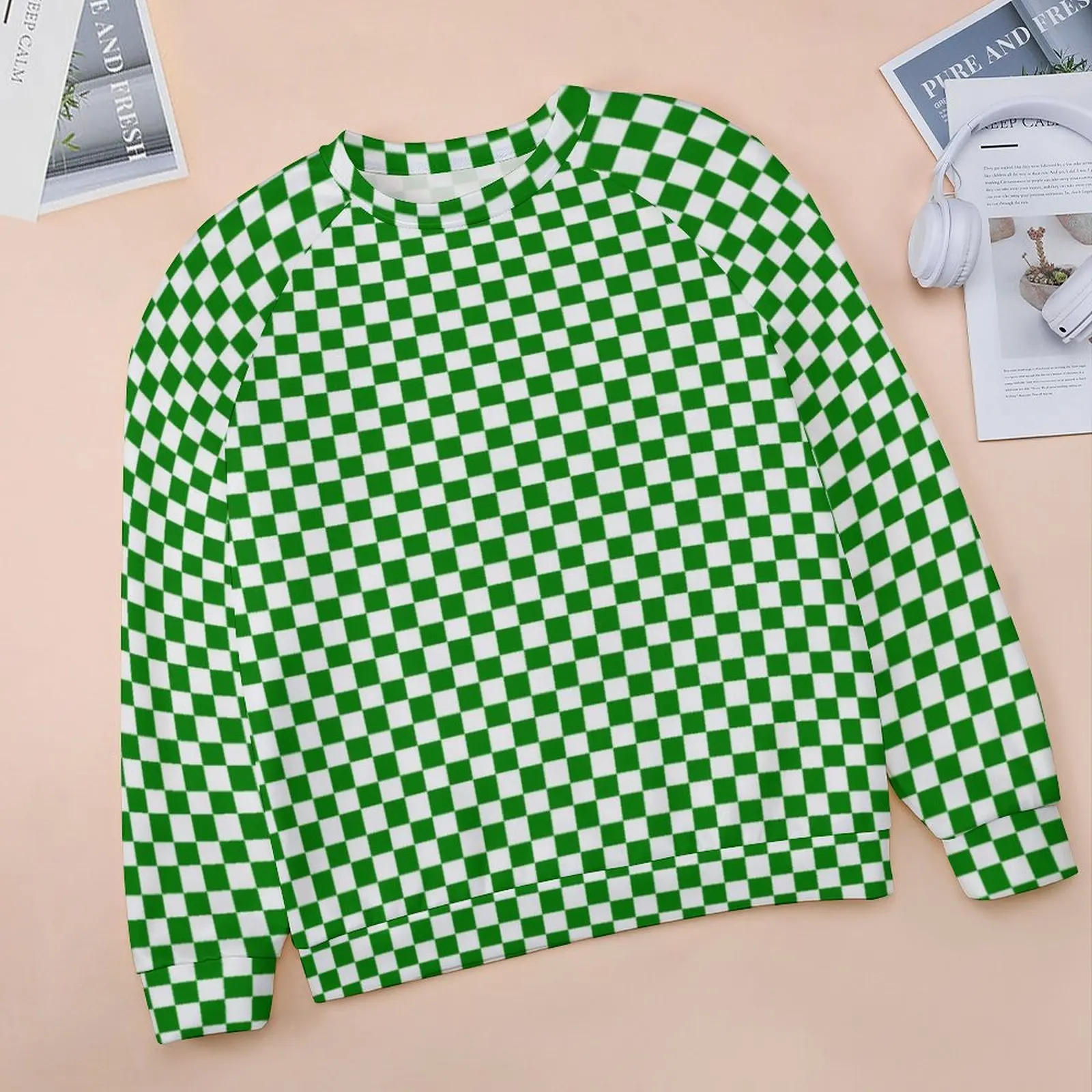 Plaid Print Casual Hoodies Green And White Checkered Funny Printed Hoodie Spring Long-Sleeve Harajuku Oversized Sweatshirts Gift