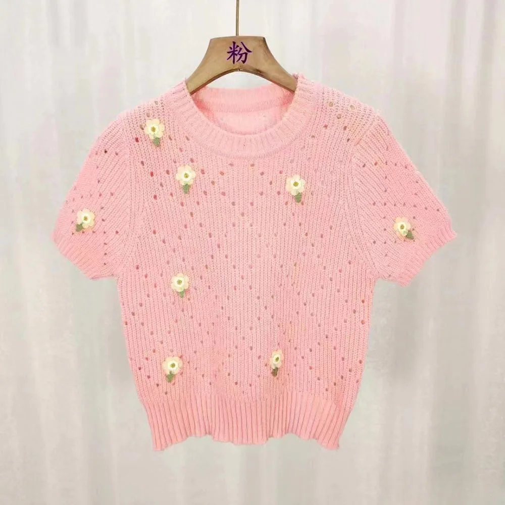 2024 Summer New Sweaters Women\'s O Neck Jacquard Pink Pullovers Fashion Loose Short Sleeve Knitted Tops Ladies Elegant Knitwears