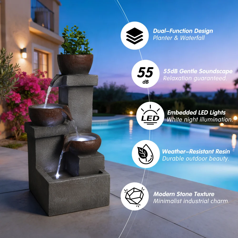 Outdoor Water Fountain Tiered Cascading Jar Waterfall Resin Garden Patio Decor with LED Lights view 3