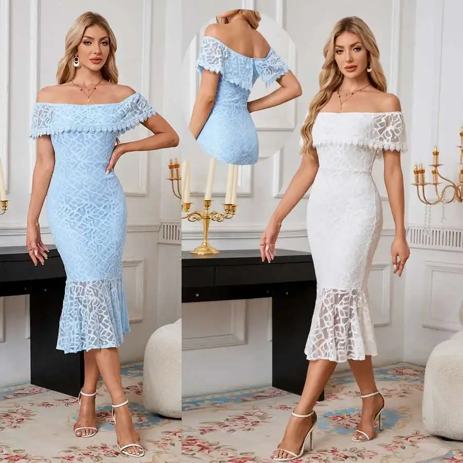 

2025 Summer New Evening Dress Long Skirt Hollow White Light Blue Lace Dress Prom Y2k 2025 Summer Dress Robe Vestido Women Party