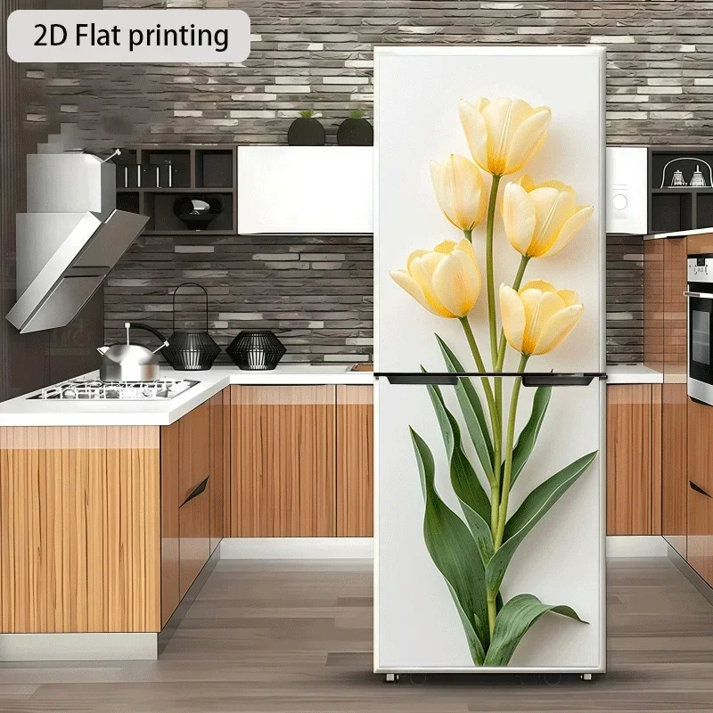 [2D Flat Printing] 1pc Refrigerator Sticker 60×180 Cm Yellow Tulip Five Flowers Theme Design Wall Sticker Decoration Wallpaper