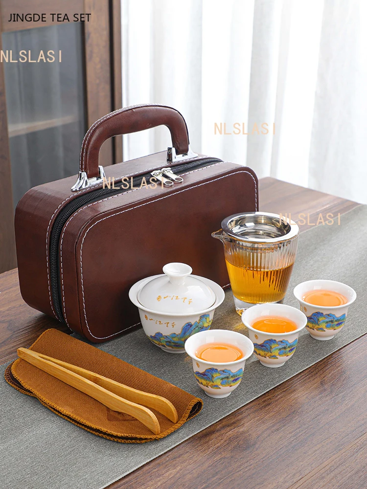

Leather Storage Box Teaware Set Exquisite Travel Tea Set Ceramic Gaiwan Quick Cup Outdoor Portable Custom Beauty Tea Infuser