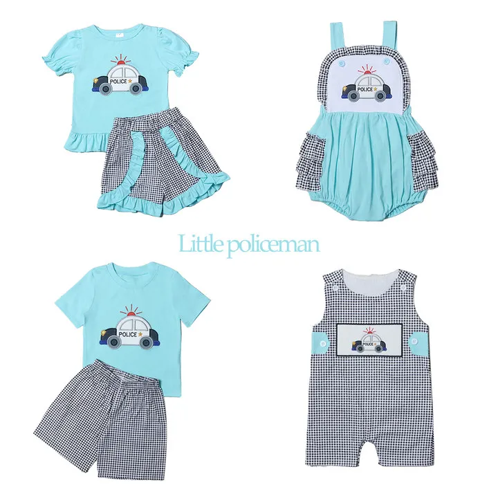 Baby Cotton Short Sleeved Green T-shirt Set Round Neck Car Printing Boy Top Clothes And Brown Lattice Shorts Suit Girl Romper