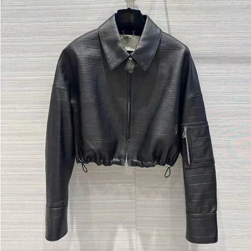 2024 New Sheepskin Leather Jacket Crocodile Pattern Soft High-quality Soft Leather Coat E65