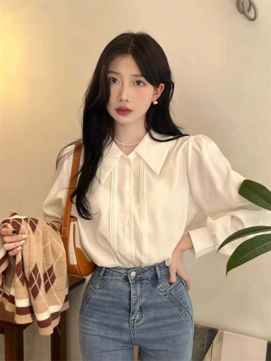 

Ele White Women's irt Spring Autumn Collar Long Sve Chiffon Top Simple Sle Loose Fit Polyester Fiber Thin Model