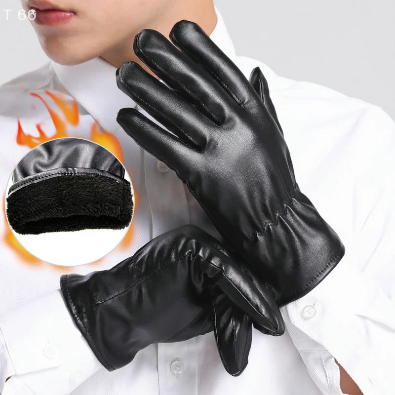 2Pcs Fleece Tactical Gloves Black Outdoor Sports Waterproof Mitten Men's PU Leather Winter Autumn Driving Keep Warm Gloves