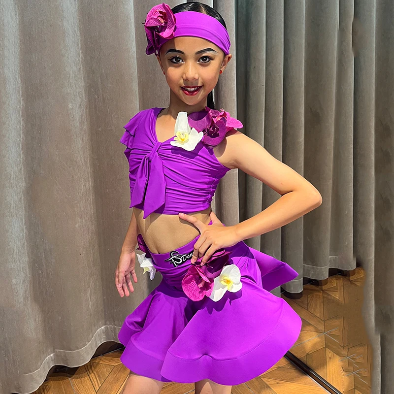 2023 Children Latin Dance Dress For Girls Purple Tops Fish Bone Skirt Suit Samba Chacha Modern Dance Latin Dance Clothes DN16106