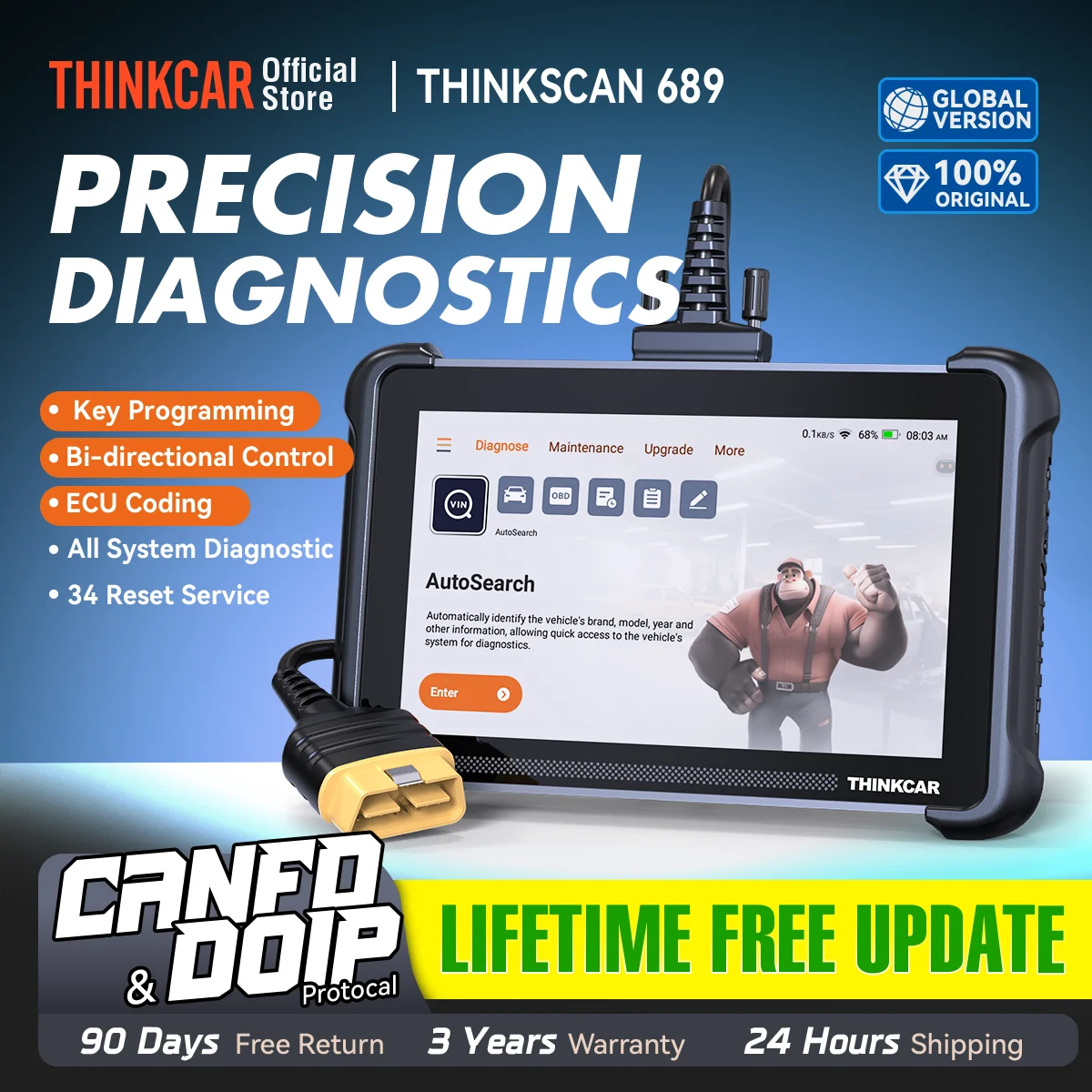 THINKCAR THINKSCAN 689 Professional Car Diagnostic Tools CANFD DOIP Bi-directional ECU Coding 34 Reset Full System Obd2 Scanner