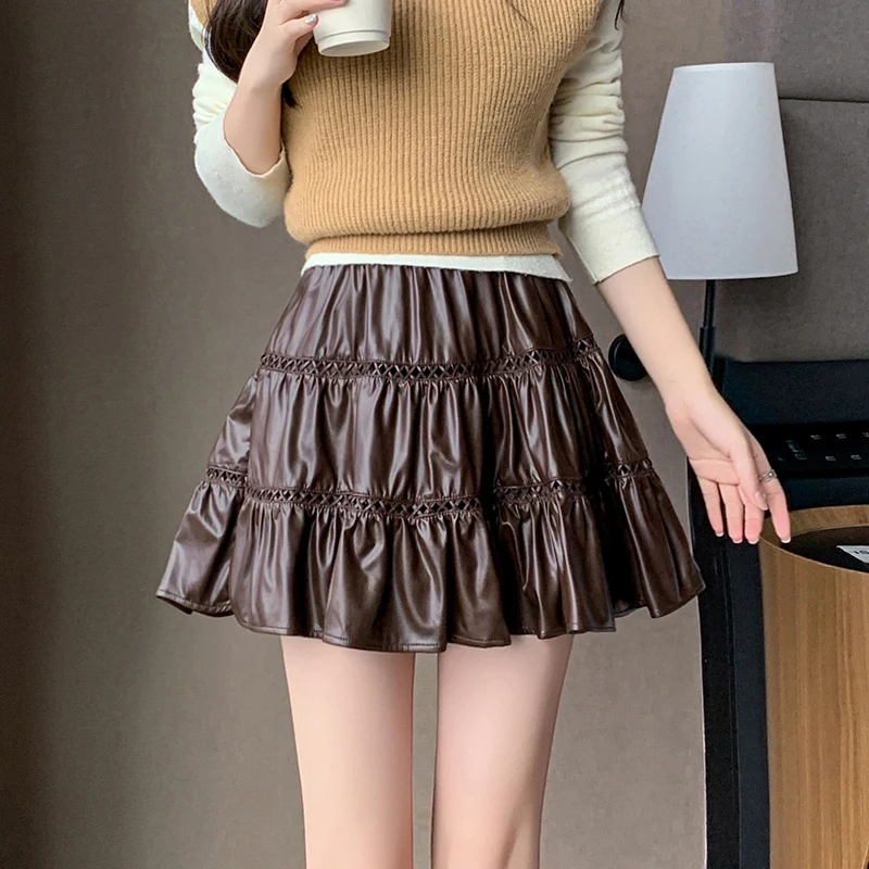 Coffee Brown Pu Puffy Ort Skirt Women's Winter New Sweet Layered Ruffled Edges Cake Skirts High Waist Slim A-line Mini Skirt