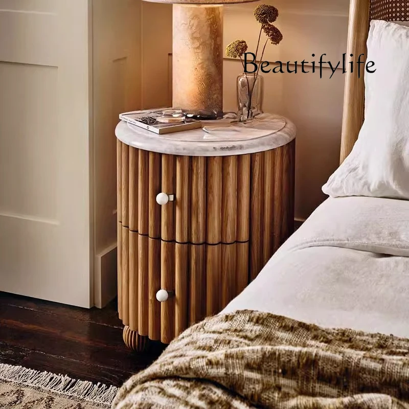 

French retro solid wood bedside table Nordic light luxury marble countertop simple designer bedroom