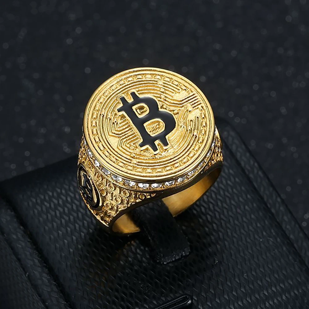 Punk Hip Hop Stainless Steel Gold Color Rings For Men Women Bling Iced Out Bitcoin Round Ring Rapper Jewelry Accessories