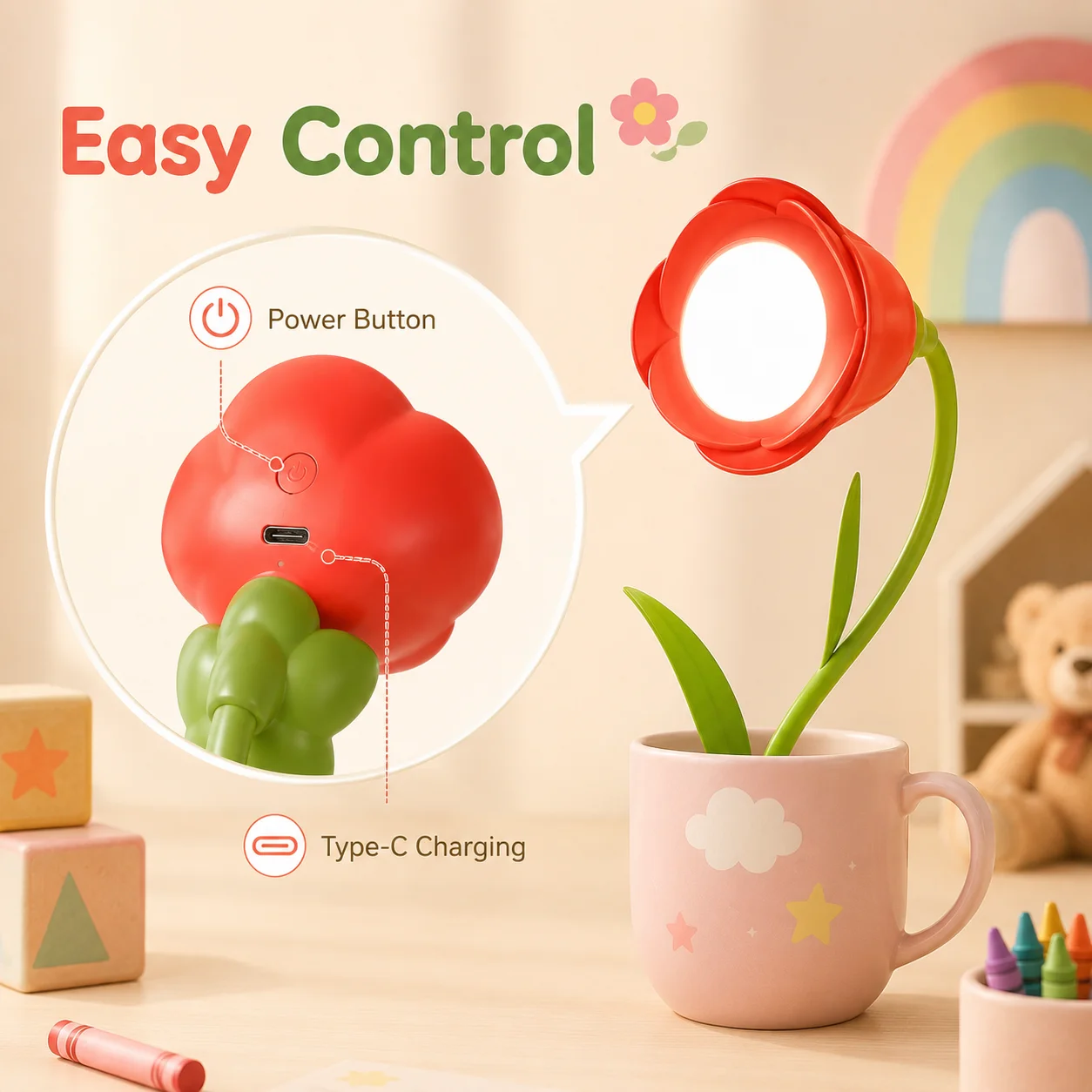 Cute Flower LED Desk Lamp Flexible Stem USB Charging Soft Light for Kids Room Bedside Decor Birthday Gift for Girls