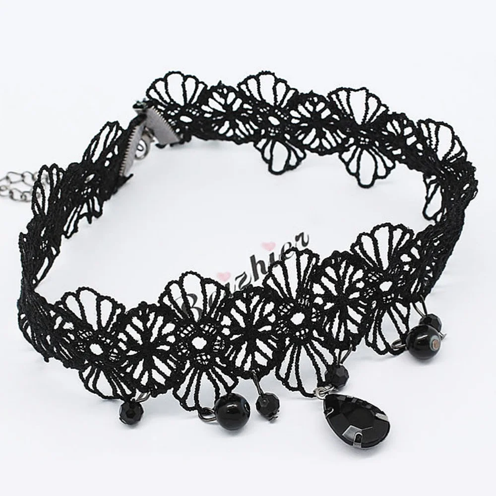 Party Jewelry Gothic Black Beaded Flowers Sexy Lace Neck Choker Necklace Vintage Tassel Chain Women Steampunk Halloween Jewelry image 3