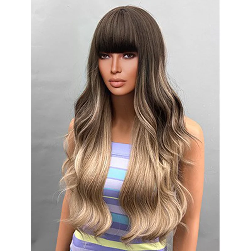 باروكة رأس كاملة للنساء، الجزء الأوسط، شعر ذهبي طويل مجعد، مموج مائي طبيعي مجعد قليلاً، ألياف صناعية مقاومة للحرارة،