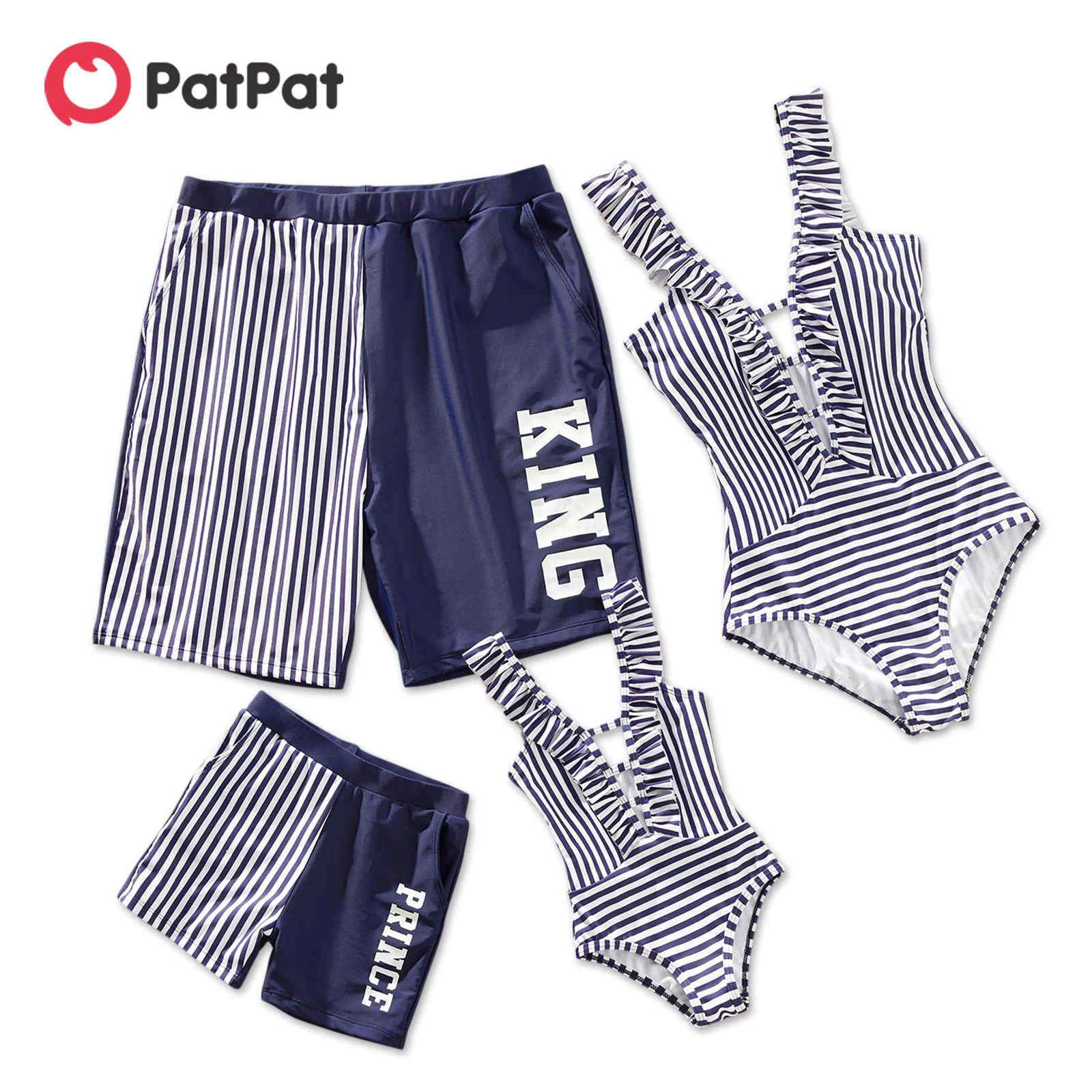 PatPat Family Matching Letter Print Splicing Striped Swim Trunks Shorts and Ruffle One-Piece Swimsuit