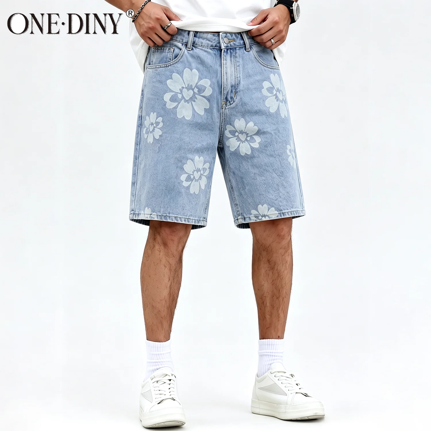 ONE·DINY Men Summer Light Blue Straight Leg Jeans Shorts Loose Petal Print Bermuda Shorts Men's Casual Short Streetwear Clothes