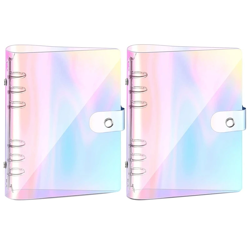 2 Pcs A6 6-Ring Rainbow Clear PVC Binder Cover Refillable Notebook Binder Protector Loose Leaf Planner Binder Cover