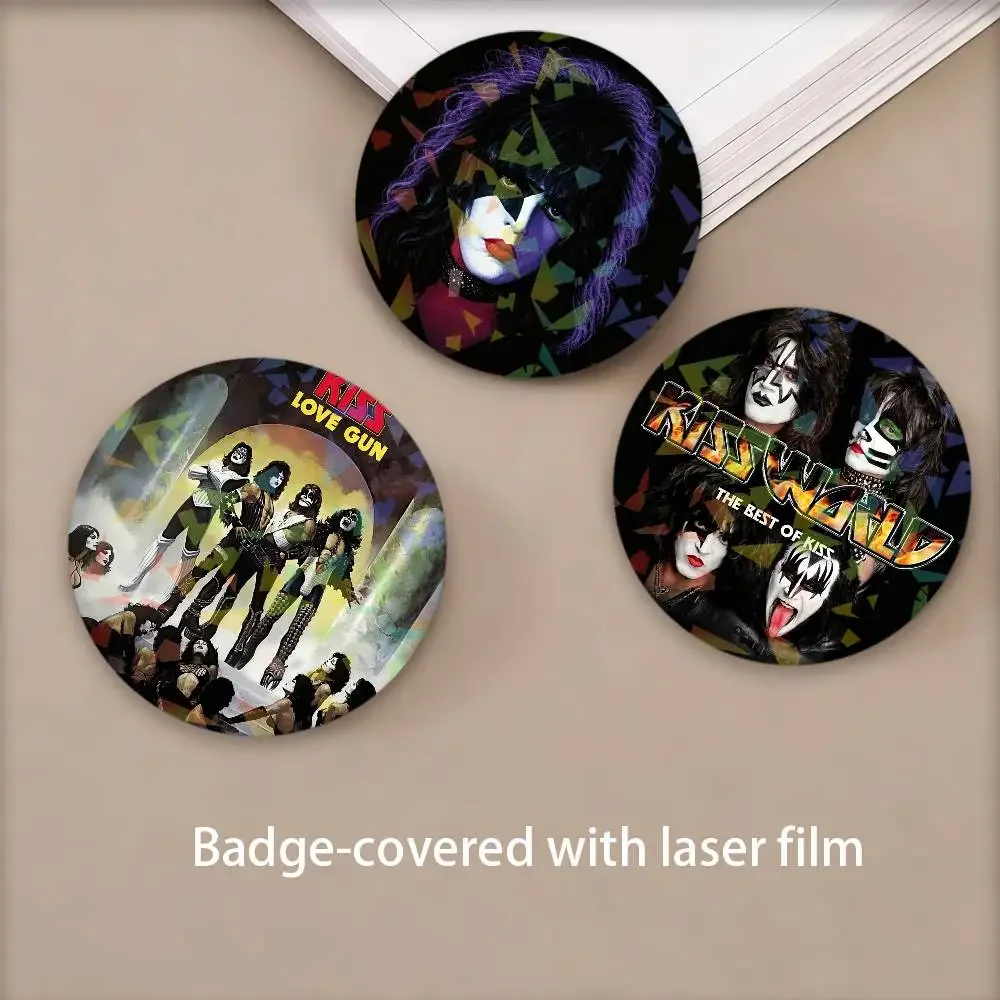 Band The K-Kiss Round Badge Lapel Pins for Backpacks Briefcase Laser Brooch Clothes Gifts