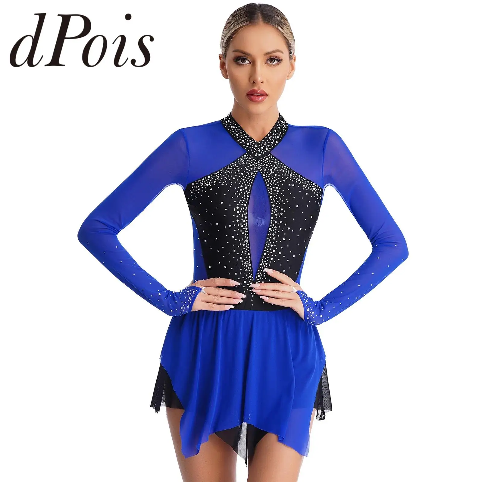 Women's Sparkling Rhinestones Figure Ice Skating Dress Dance Leotard Dress Patchwork Irregular Hem Long Sleeve Lyrical Dancewear