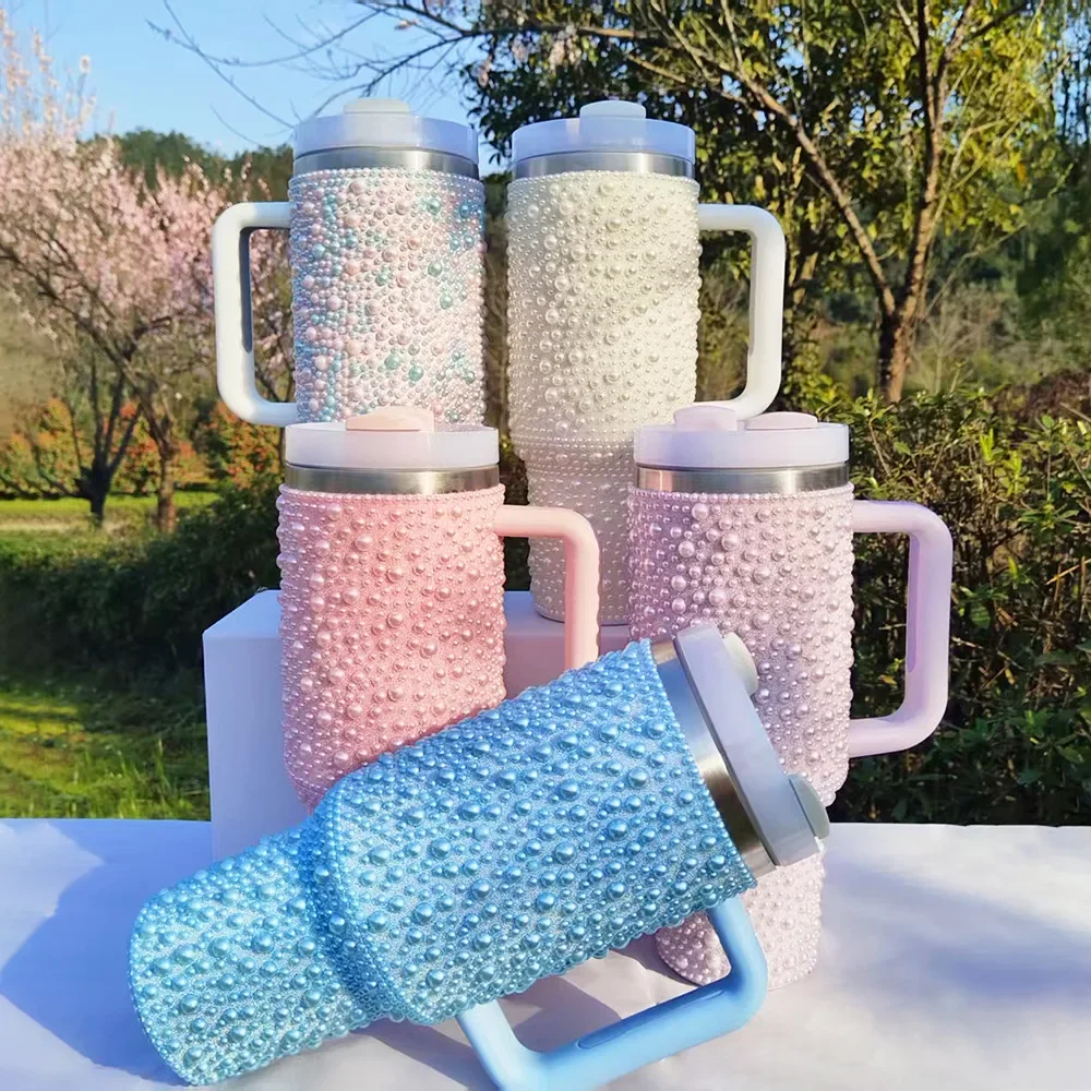 Pearl Diamond Insulated Cup,Exquisite Large Capacity Portable Car Cup with Handle,Stainless Steel Insulated Water Cup with Straw