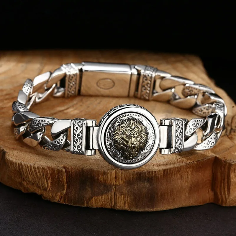 Unisex Guochao Lion Cuban Link Bracelet, Tang Grass Engraved Pattern, Retro Unique Statement Wrist Jewelry