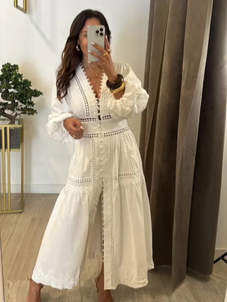 أنيقة قدس خارج فستان طويل المرأة فانوس كم عميق الخامس الرقبة واحدة الصدر فساتين فضفاضة 2025 الصلبة مكتب رداء سيدة