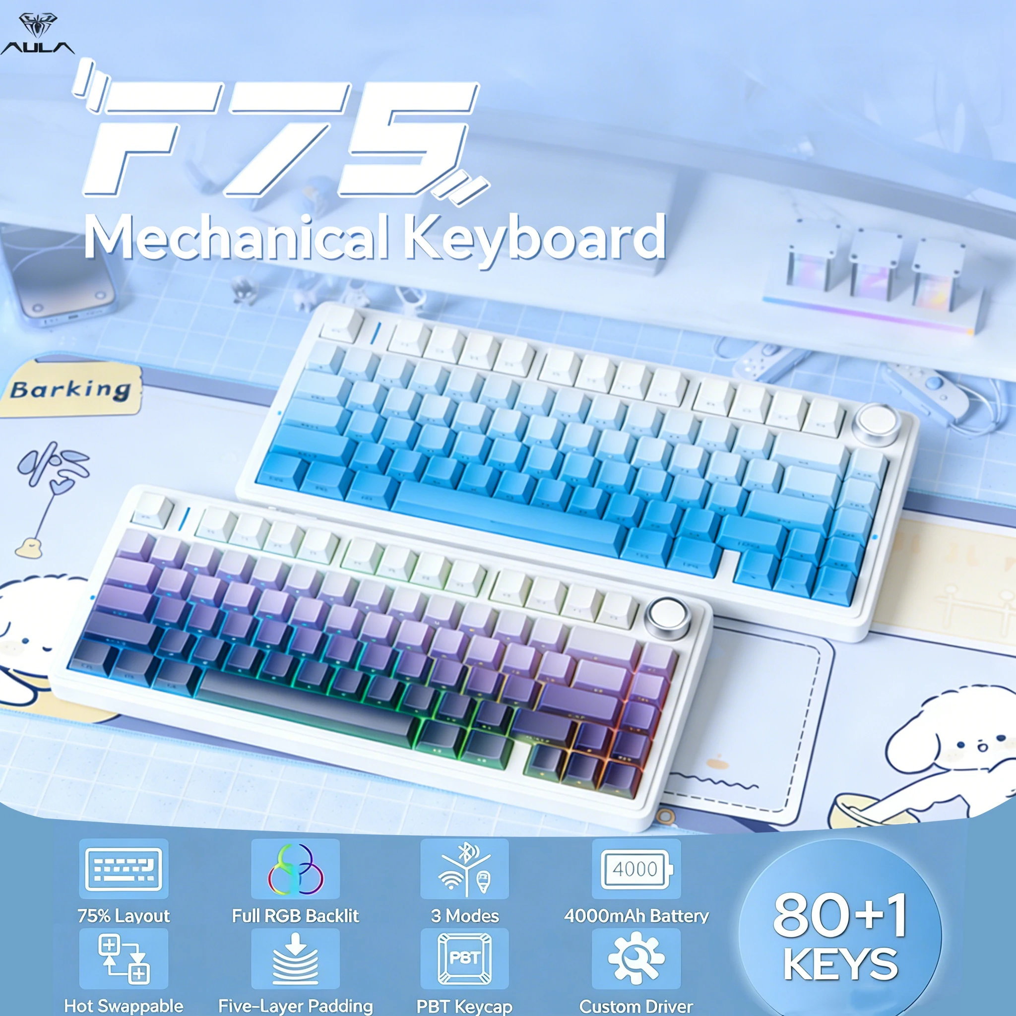 F75 75% Wireless Mechanical Keyboard Knob Control Hot-Swappable RGB Pre-Lubed Switches Tri-Mode Gaming Keyboard for PC