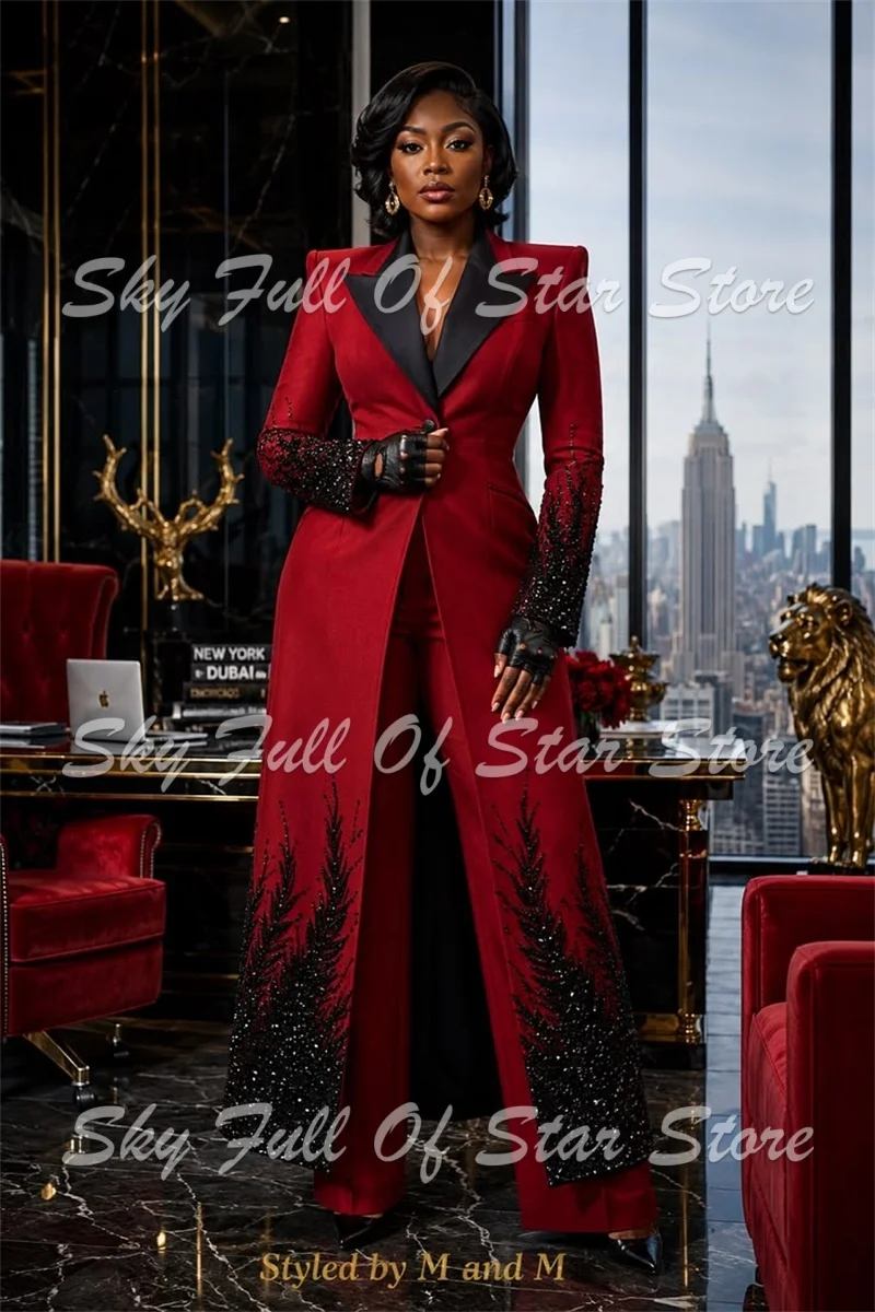Red Women Suit Set 2 Pcs Crystal Rhinestone Long Split Blazer+Wide Leg Pants Custom Formal Evening Wedding Party Lady Outfit