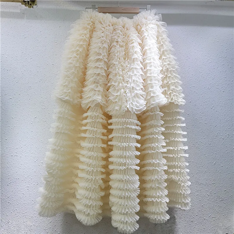 Sweet Mesh Tierred Design Style High Waist Cake Ball Gown Skirt All-match Women Apricot Skitrs 2025 Summer Party Elegant Skirt