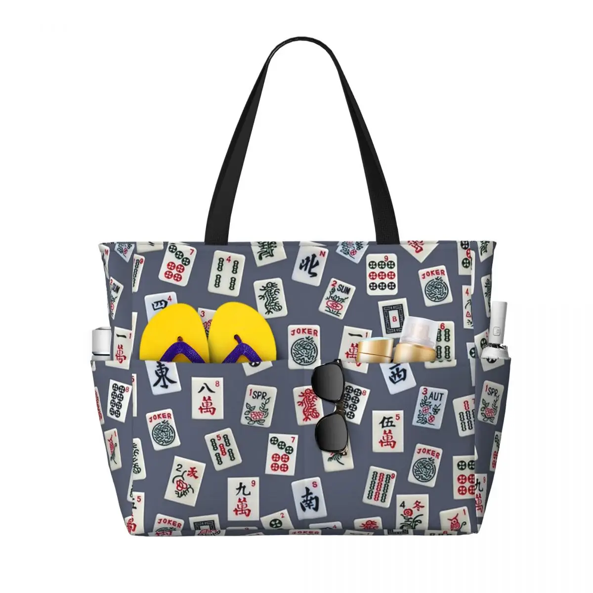 Mahjongg Game Tiles Design On Blue Color Beach Tote Bag Sport Gym Yoga Duffle Large Tote Bag Women Travel Bag Fitness bag