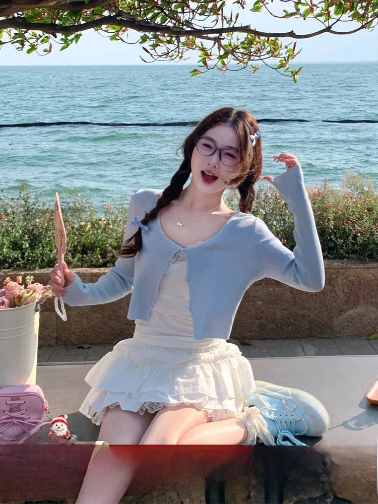 

Синий тонкий кардиган для женщин, верхняя одежда, летняя новинка, корейский стиль, вязаный, для повседневной носки, модный, верхний слой