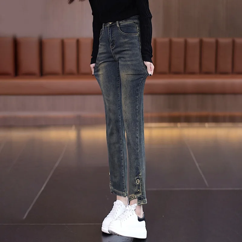 جينز رمادي أسمنتي عتيق للنساء، سروال مستقيم نحيف مبطن بالصوف للخريف، سروال حريم كاجوال