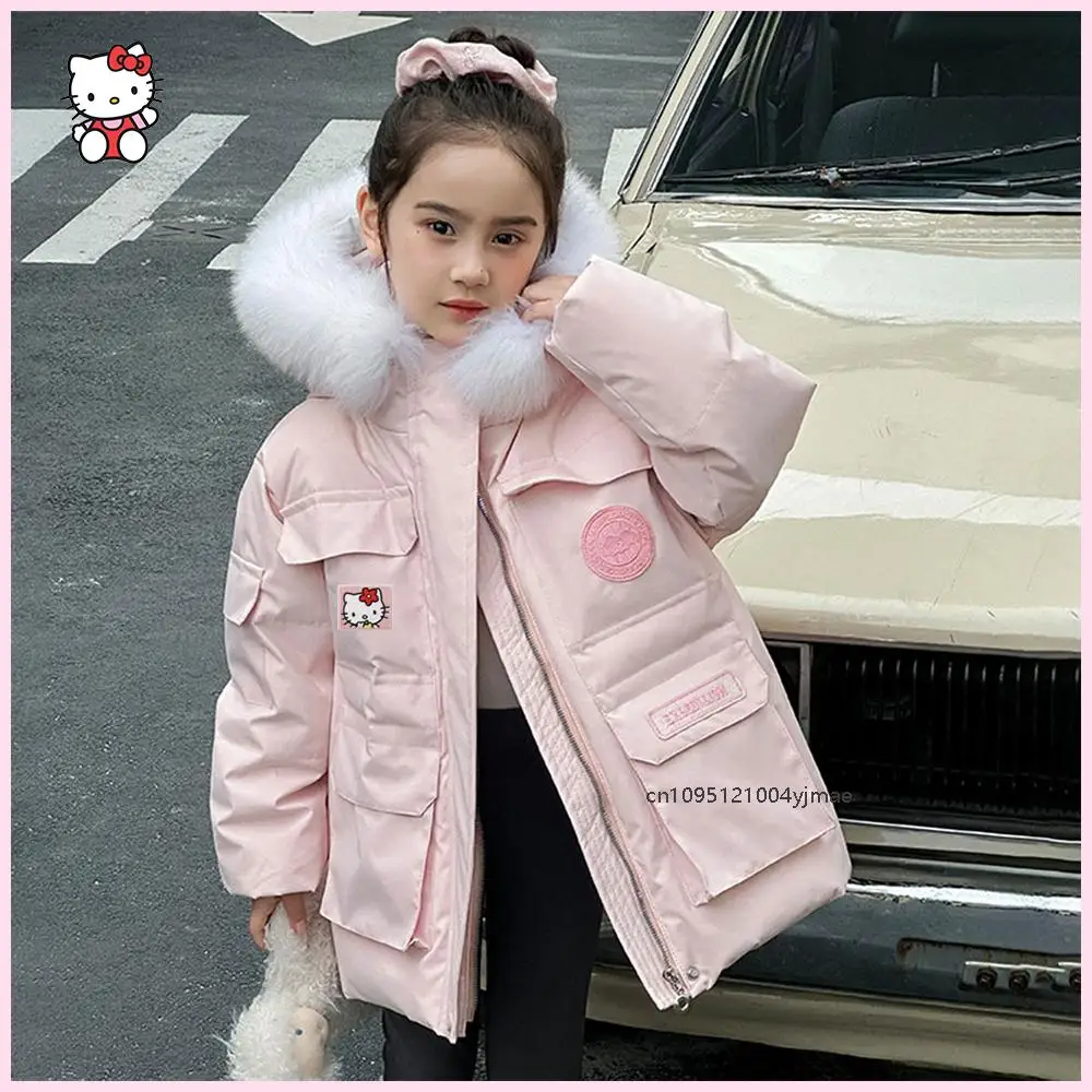 

Hello Kitty Cinnamoroll Girls Workwear Down Jacket Kawaii Anime Sanrios Winter Long Fur Hooded Cotton Padded Jacket Warm Parka