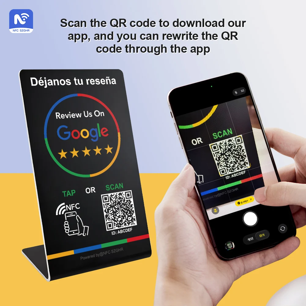 Spanish English QR code NFC Standing Sign Google review NFC215 Review Stand Click URL Unlimited Modification Editing QR Codes