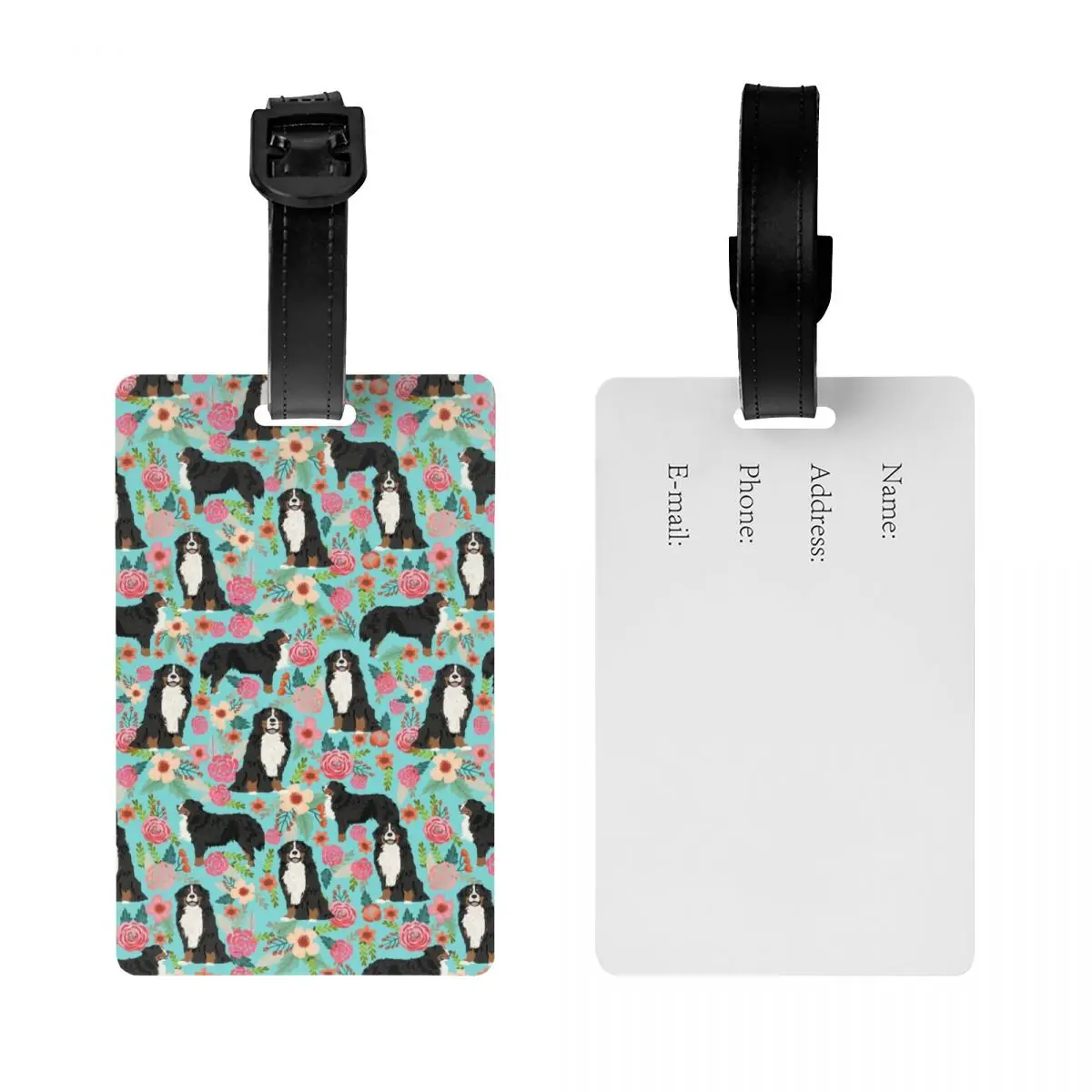 Custom Cute Bernese Mountain Dog Florals Luggage Tag With Name Card Animal Privacy Cover ID Label for Travel Bag Suitcase