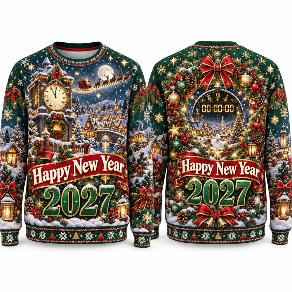 Countdown Clock Graphic for Happy New Year 2027 Ugly Christmas Sweater Inspired Sweaters with Evergreen Motifs and Stars