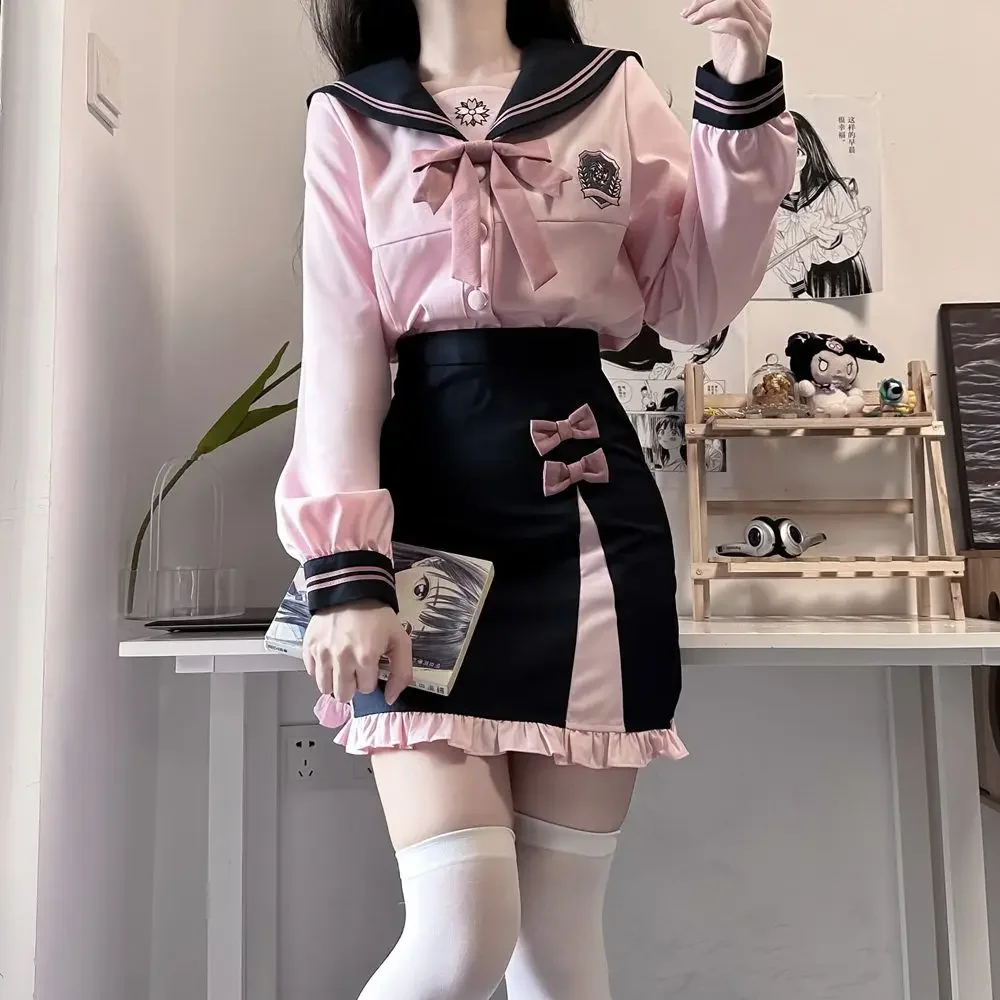 Autumn Winter Sweet Pink Navy Collar School Uniform with Bow Decorated Ruffle Skirt for Women Korean Jk Uniform Graduation Gown