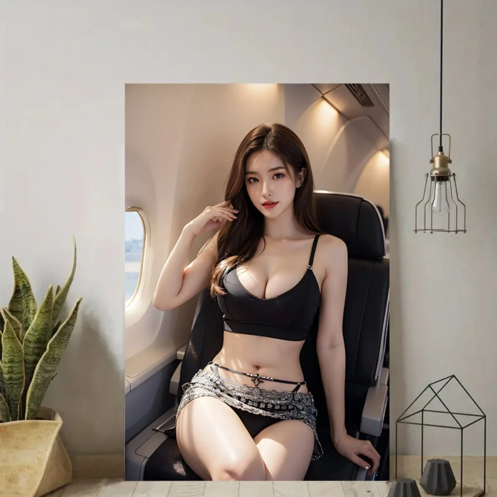 HD Tin Sign Glamorous Asian Girl in Airplane Cabin Vintage Metal Wall Art Decor for Home Bar Man Cave