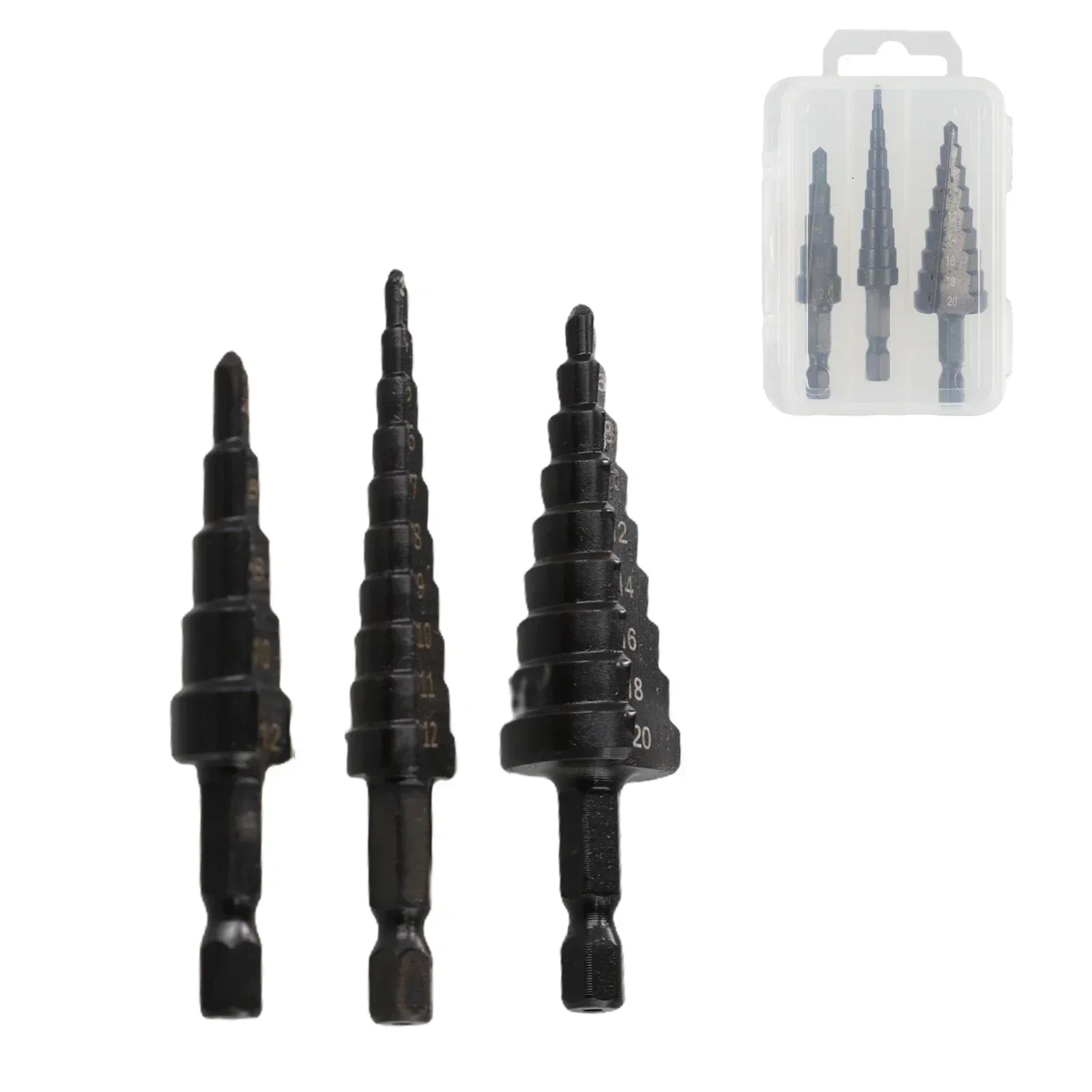 New Step Drill Bit Drill Set With Storage Box Straight Groove 3-12mm 4-12mm 4-20mm Hole 3Pcs Black Nitrogen Coated