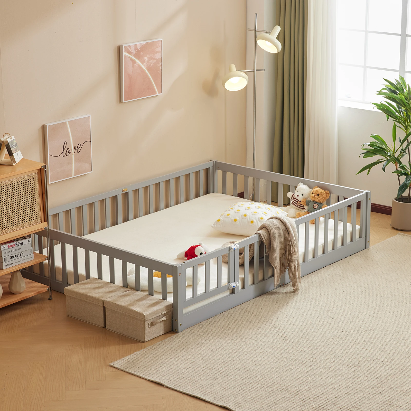 Letto da recinzione con anta con bordo Letto per bambini completo in pino dipinto grigio