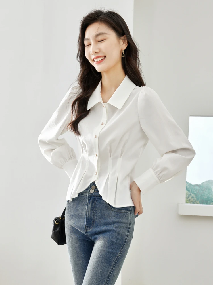 Vimly Women\'s White Fitted Shirt 2023 Autumn Office Ladies Puff Sleeve Button Down Pleated Slim Waisted Shirts & Blouses M3050