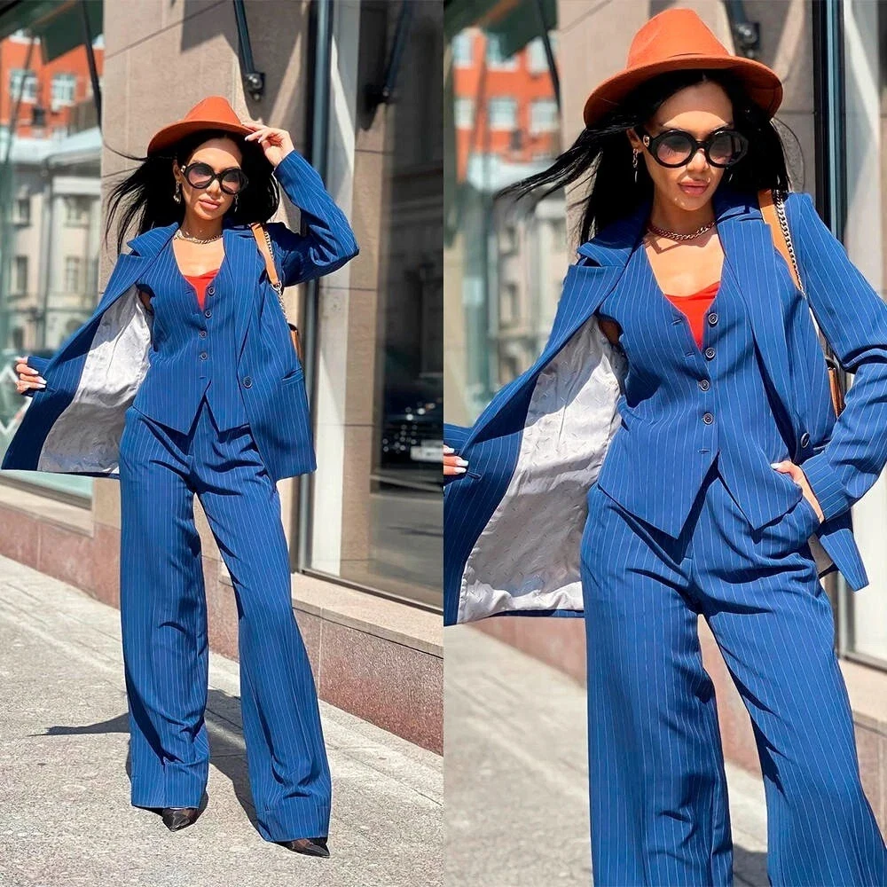 

Luxury Stripe Women's Suits Elegant One-Button Peak Lapel Slim Fit 3 Piece Jacket Pants Vest High Quality Office Lady Outfits