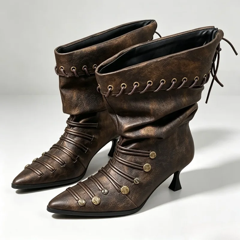 High Quality PU Kitten-heel Ankle Boots for Women Unique Pleated Rivet Design Stiletto Mid Calf Boots Back Lace-Up Western Boots