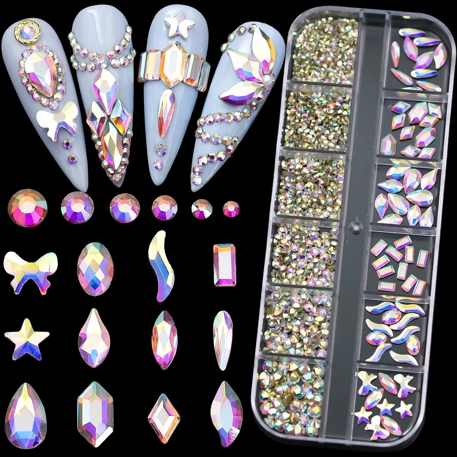 A Box Of Nail Art Rhinestones Moonlight Rhinestones, Crystal AB Flat-Back 3D Glass Gems In Multiple Shapes