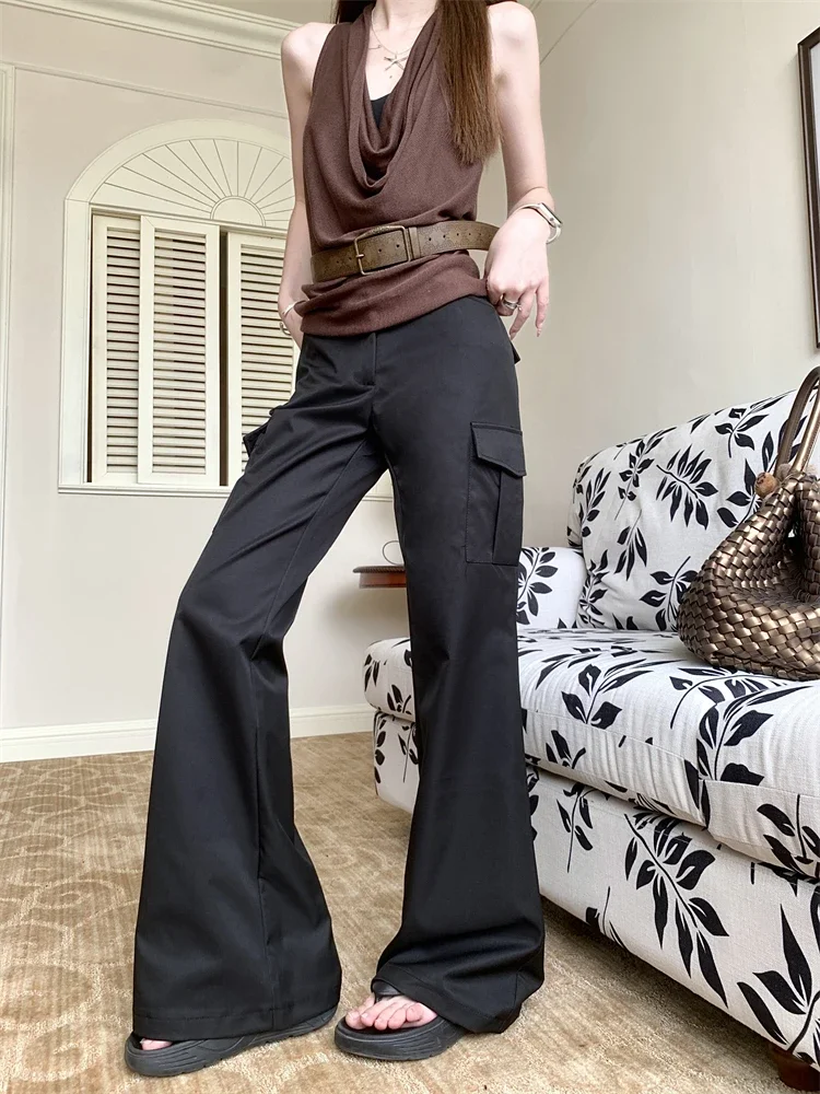 Pantalon décontracté kaki rétro américain pour femmes, nouveau style d'été, pantalon de sol taille haute, pantalon de travail à la mode