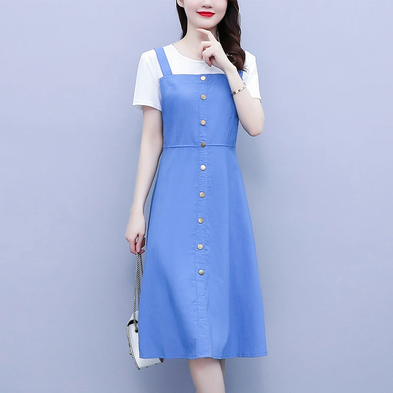 Women T-shirt Dresses Summer Female O Neck Short Sleeve Large Size Elegant A Line Blue Fake Two Pieces Single-breasted Vestidos