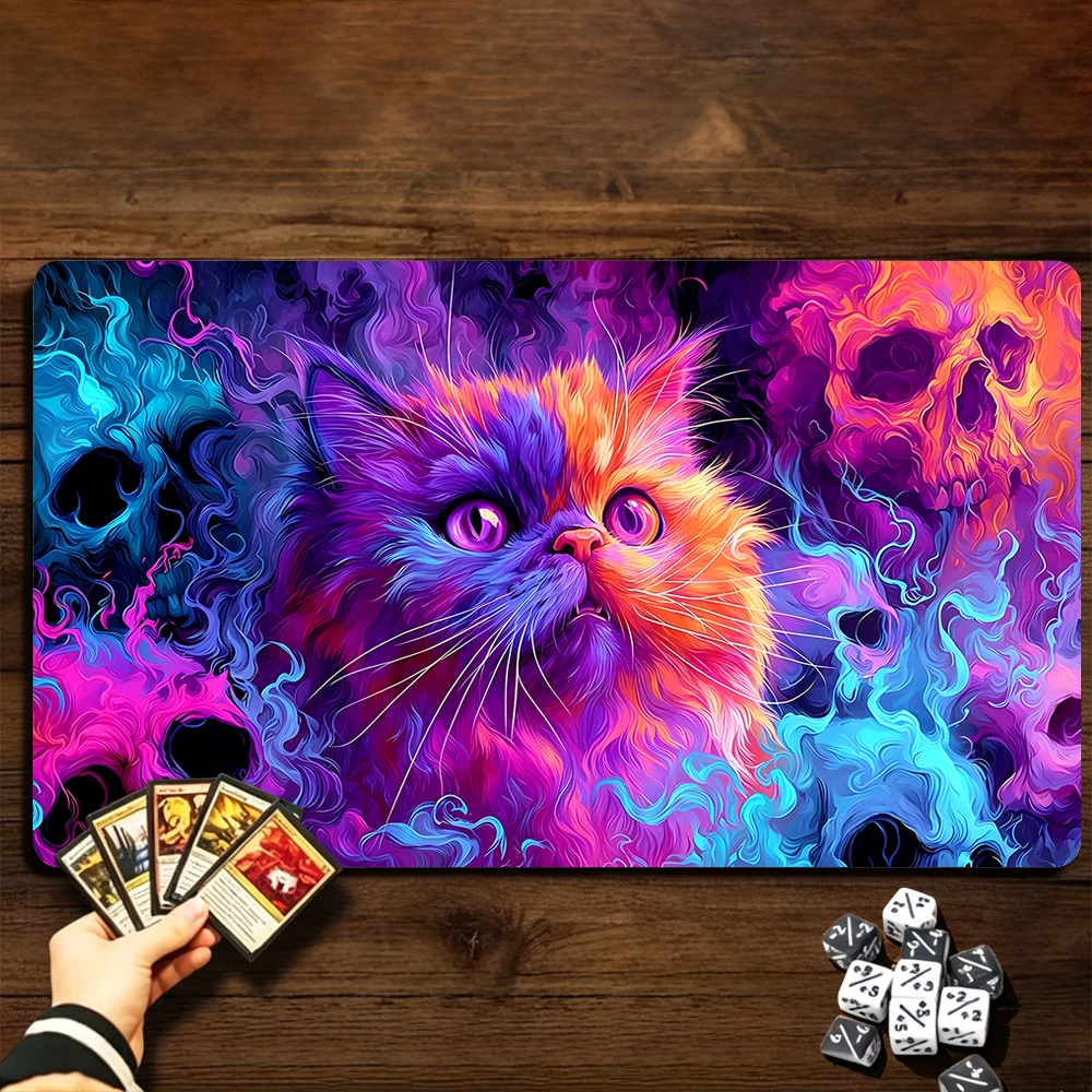 Psychedelic smoke skulls and cat TCG Playmat Magic Playmat Gathering Gaming Mat Stitched Edge Anti-slip base Trading Card Game