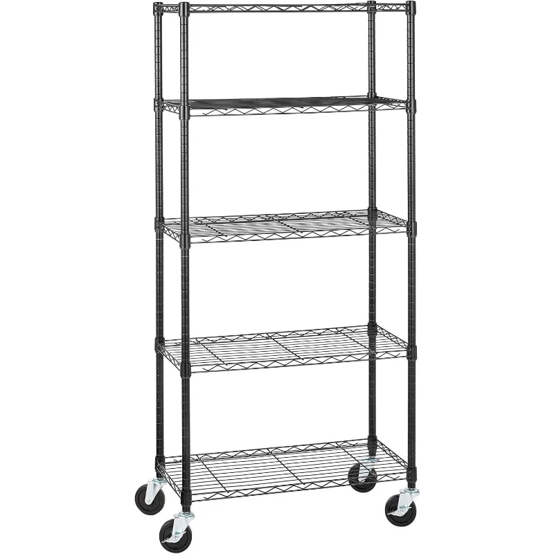 5-Shelf Verstelbare, Zware Opslag Rekken Op 4 ''Wielen, Metalen Organizer Rooster, Zwart